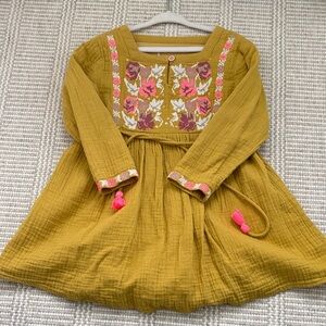 Charming Mustard Kids Dress with Floral Embroidery